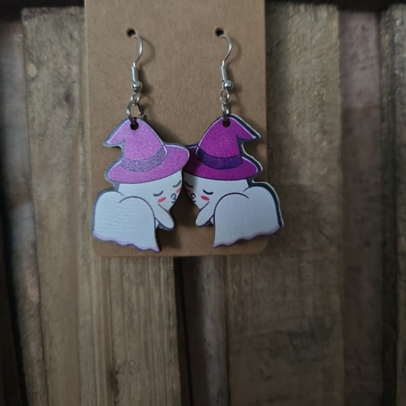 Hand Crafted Jewelry - Halloween Ghost Wooden Earrings